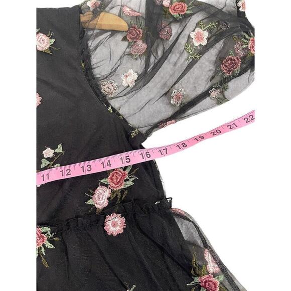 H&M Black Floral Appliqué Mesh Puff Sleeve Midi Dress Fairy Whismigoth Womens XS - Picture 7 of 8